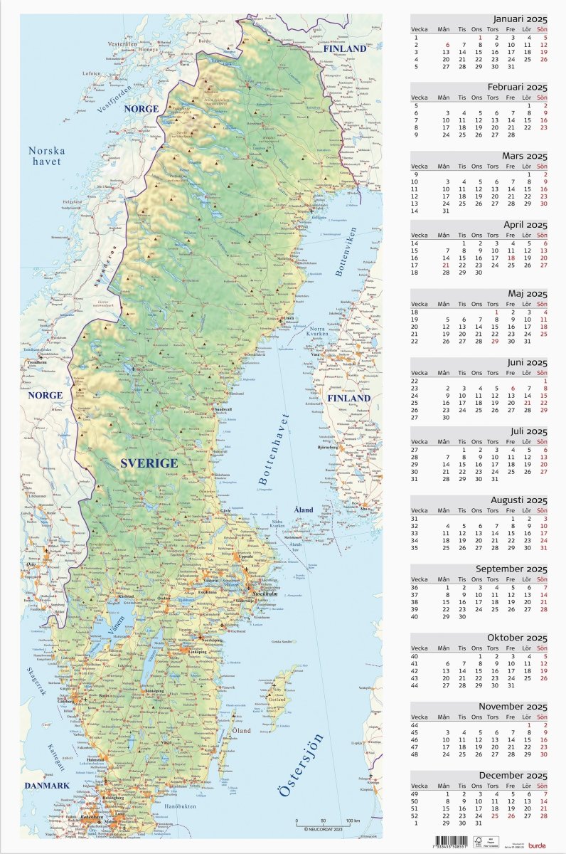 Burde 2025 Kalender Väggblad, Sverigekarta