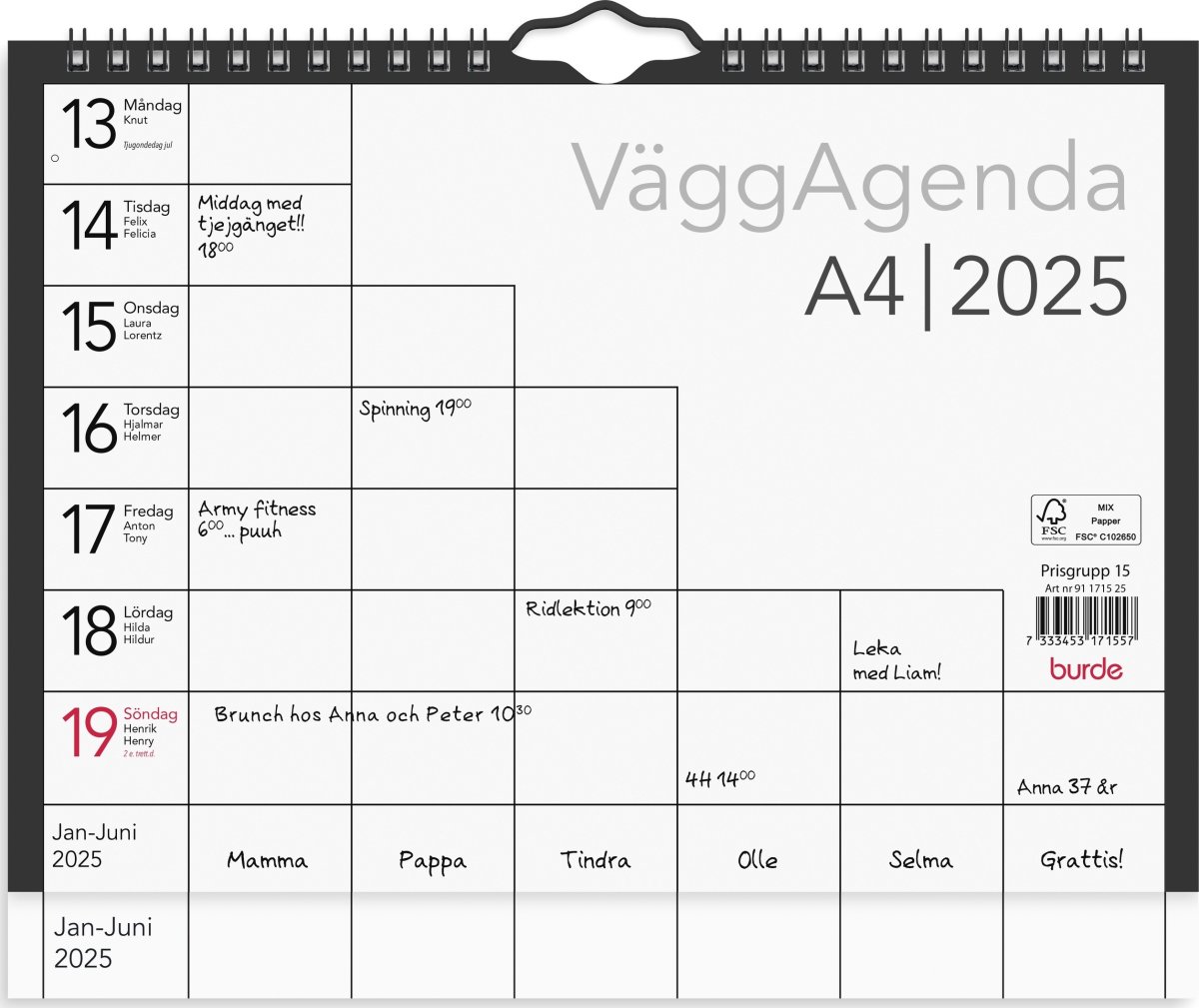 Burde 2025 Väggkalender, Väggagenda