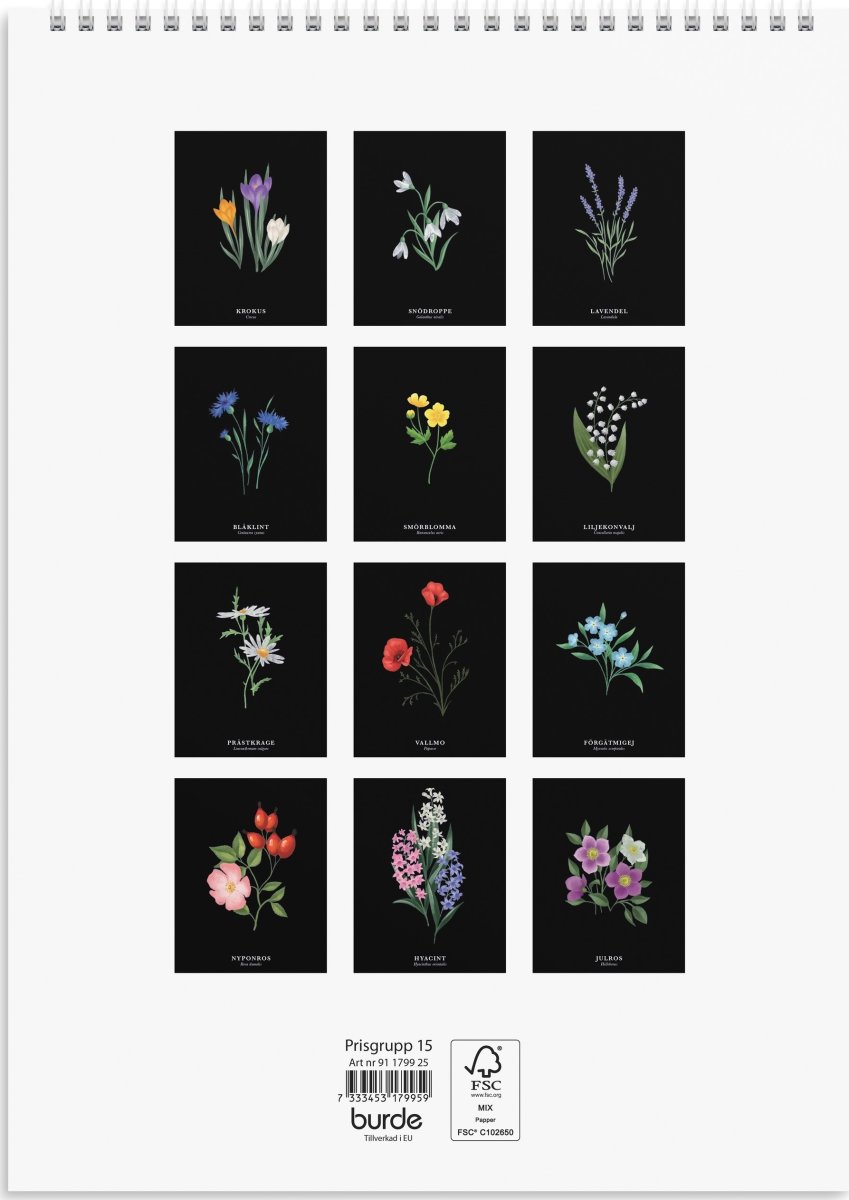 Burde 2025 Väggkalender, Illustrerad blomster