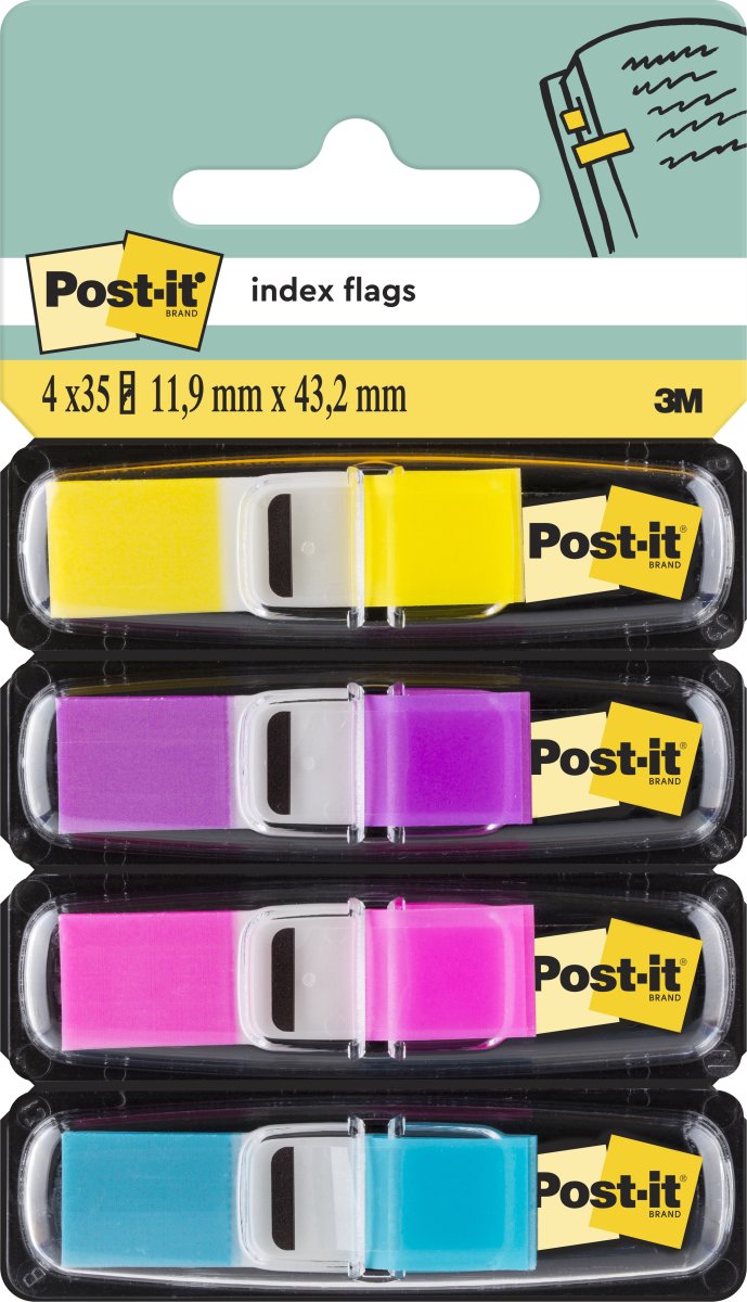 Post-it indexflikar | 12x43mm | Gul/lila/rosa/blå