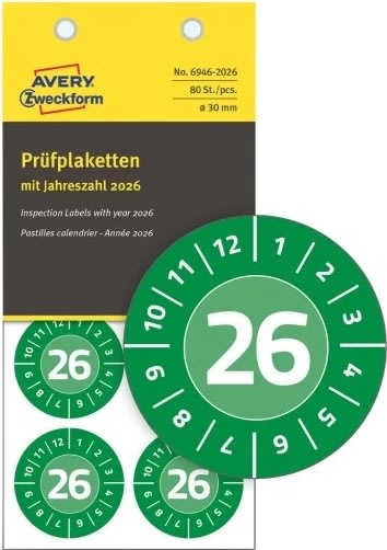 Avery Inspektionsdatumetiketter, grön, 2026, Ø30mm