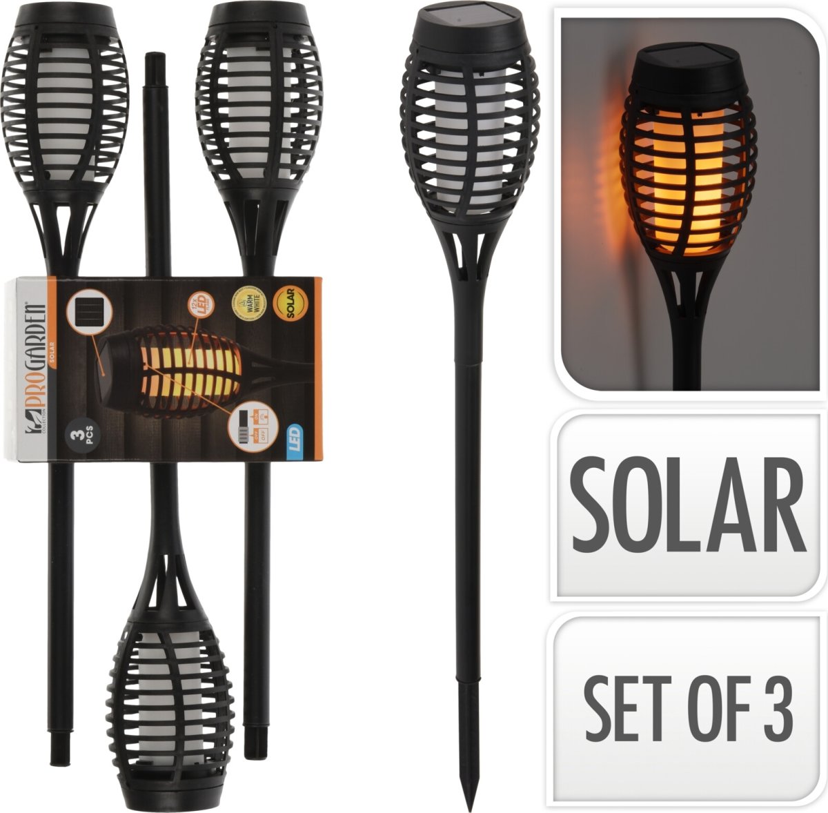 Trädgårdsfacklor med solceller, svart, 3 st.