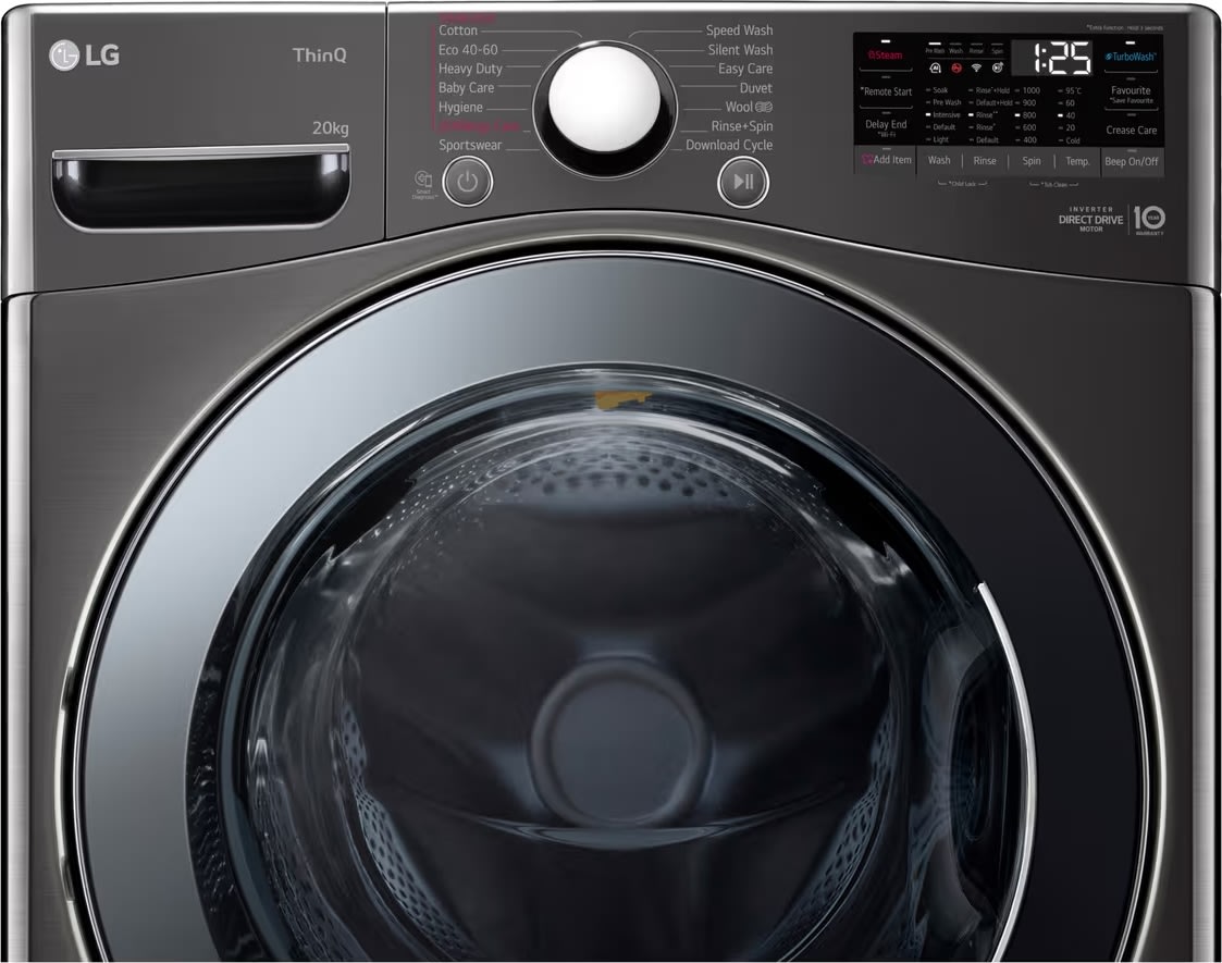 LG tvättmaskin 20 KG, Turbo Wash, svart