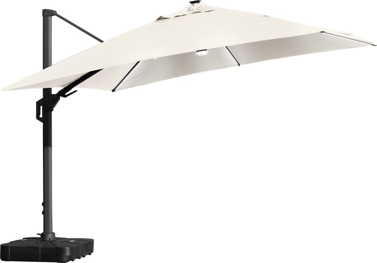 Hängparasoll 3,5x3,5m,fot,hjul,lock,LED,beige