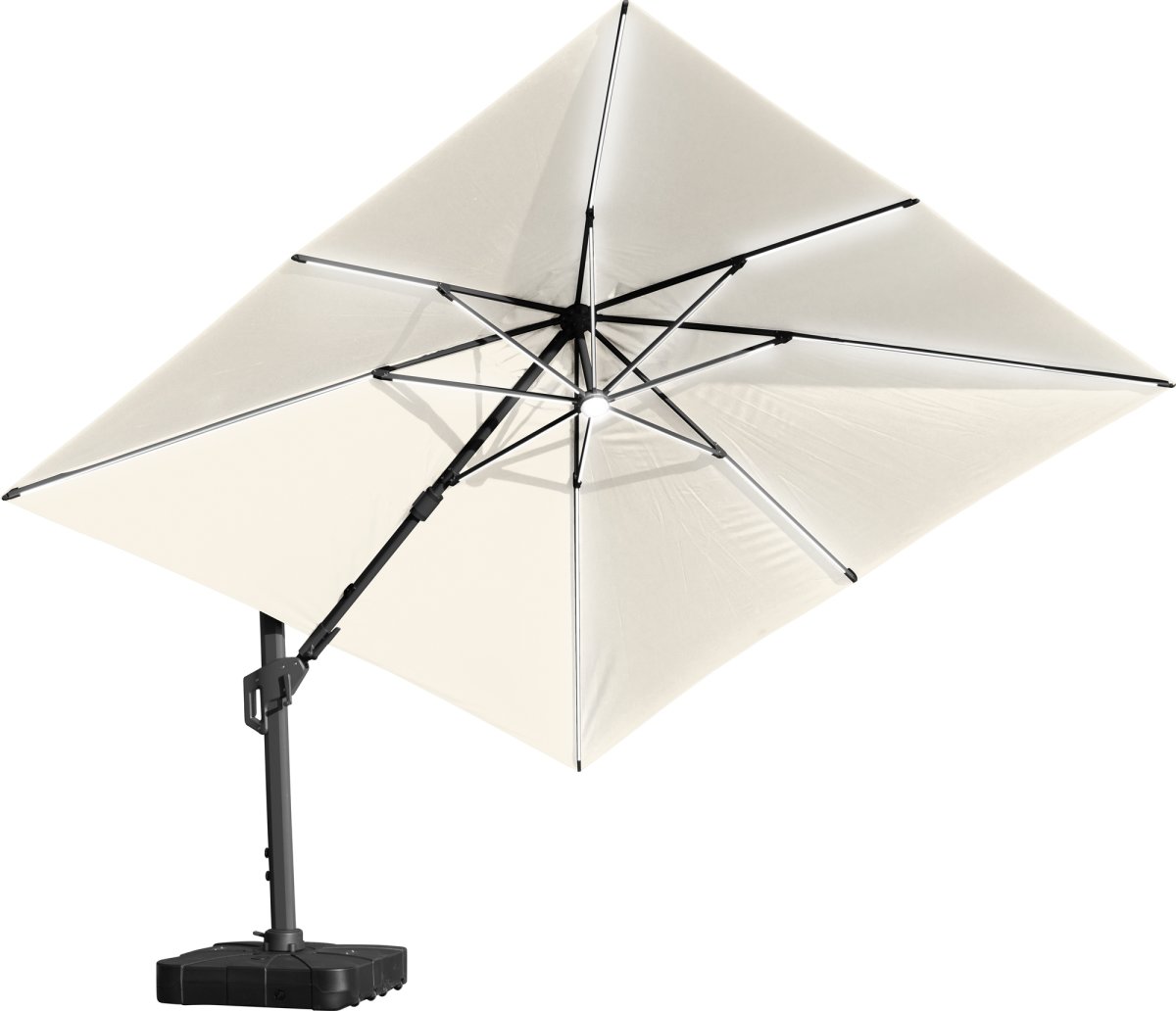 Hängparasoll 3,5x3,5m,fot,hjul,lock,LED,beige