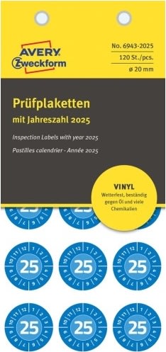 Avery Inspektionsdatumsetiketter, Vinyl, blå/Ø20mm