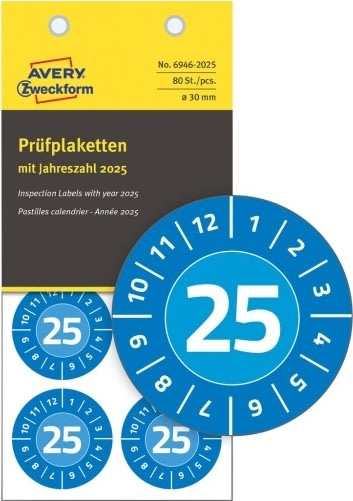 Avery Inspektionsdatumsetiketter 2025, blå, Ø30mm