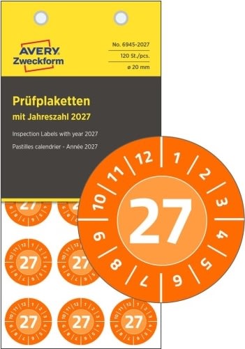 Avery Inspektionsdatumsetiketter 2027/orange/Ø20mm
