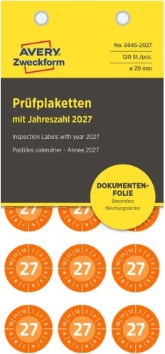 Avery Inspektionsdatumsetiketter 2027/orange/Ø20mm