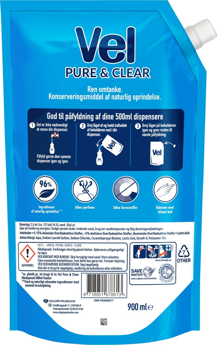 Vel Refill Diskmedel, Pure &amp; Clear, 900 ml