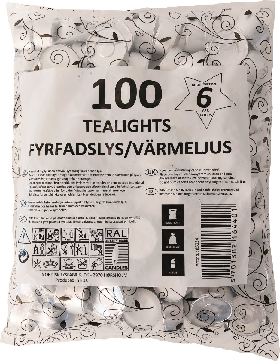 Värmeljus, paraffin, 6 timmar, vit, 100 st.