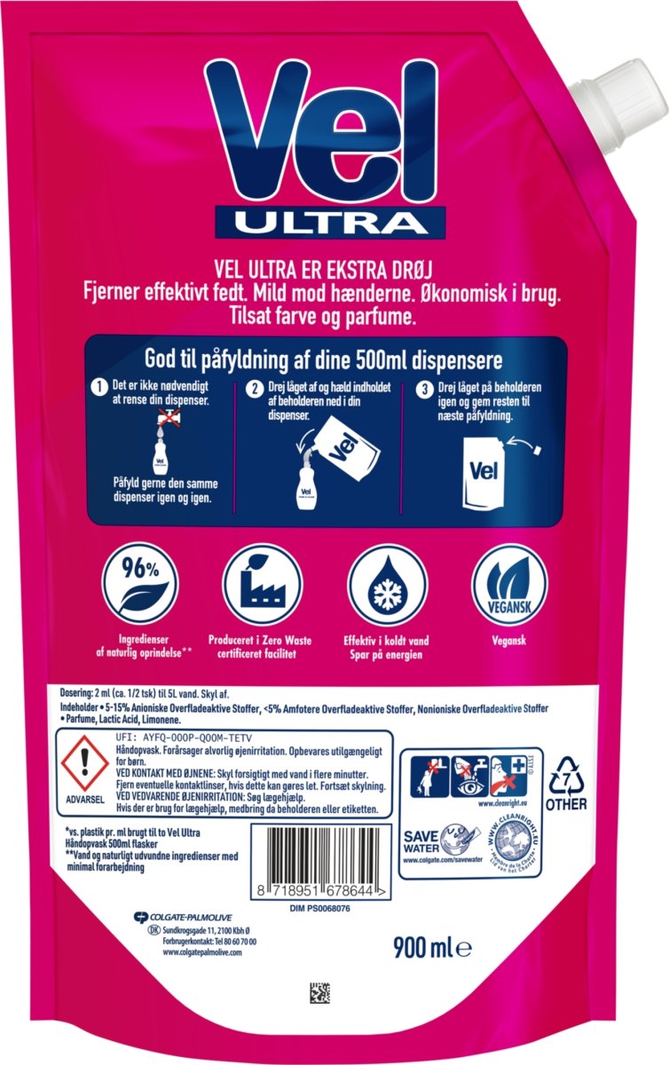 Vel Ultra maskindiskmedel Refill, 900 ml