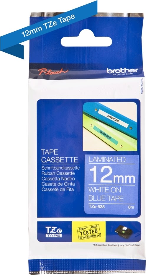 Brother TZe-535 etikettape, 12 mm, vit på blå
