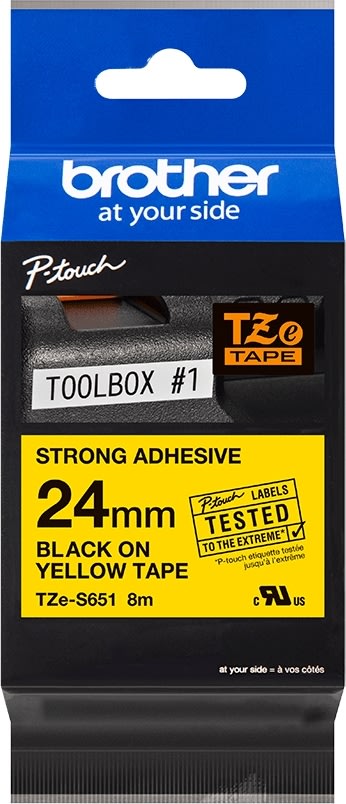 Brother TZe-S651 etikettape, 24 mm, svart på gul