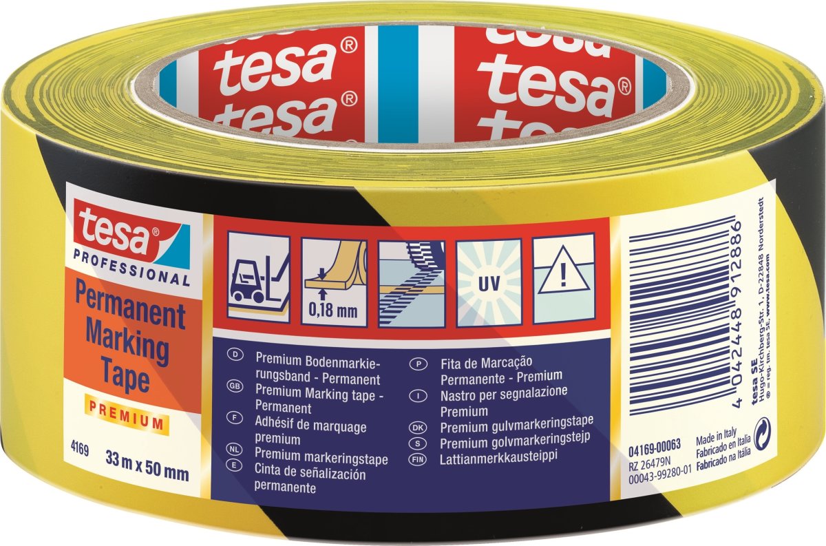 tesa golvmarkeringstejp, 50 mm x 33 m, svart/gul