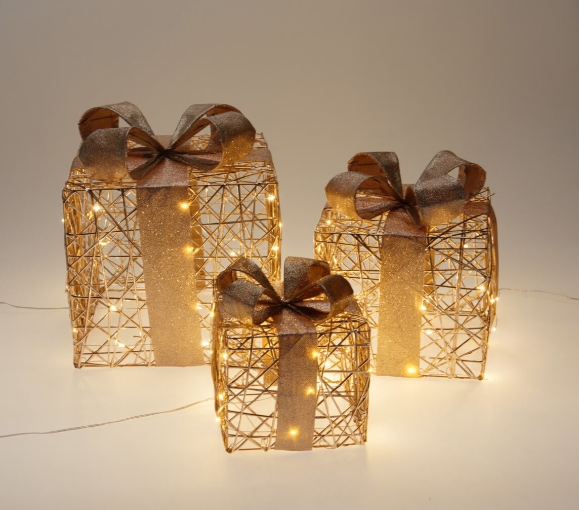 Presentask-set med LED, 3 st., champagneguld
