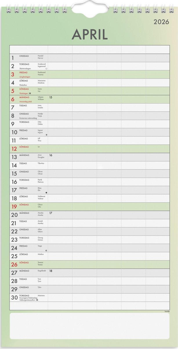 Burde 2026 Familjekalender, Tydlig