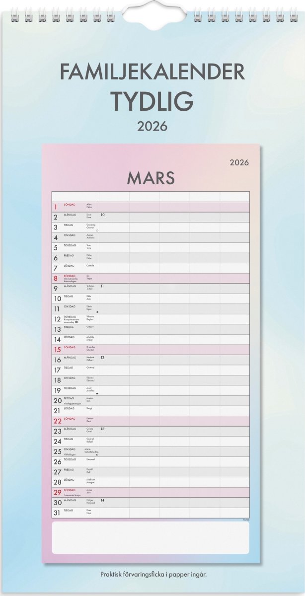 Burde 2026 Familjekalender, Tydlig