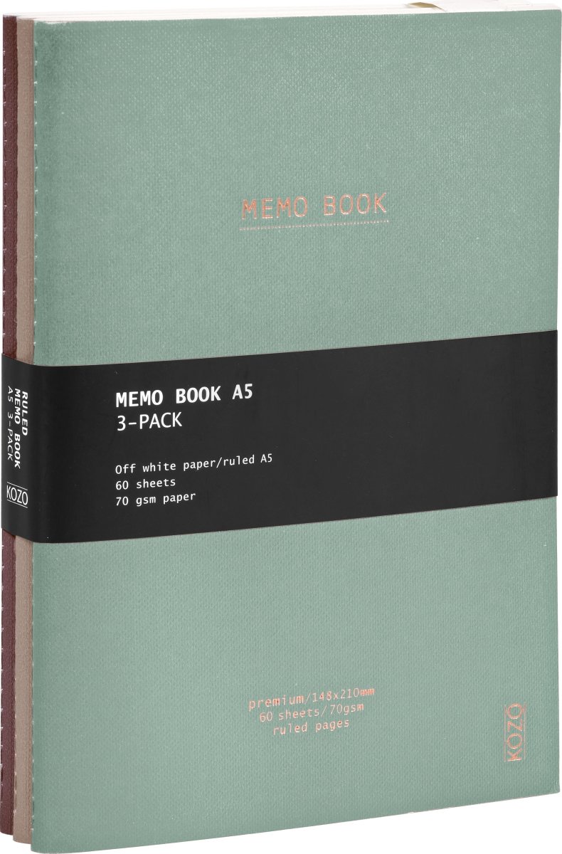 Kozo Premium Skrivblock | A5 | Linjerat | 3-pack