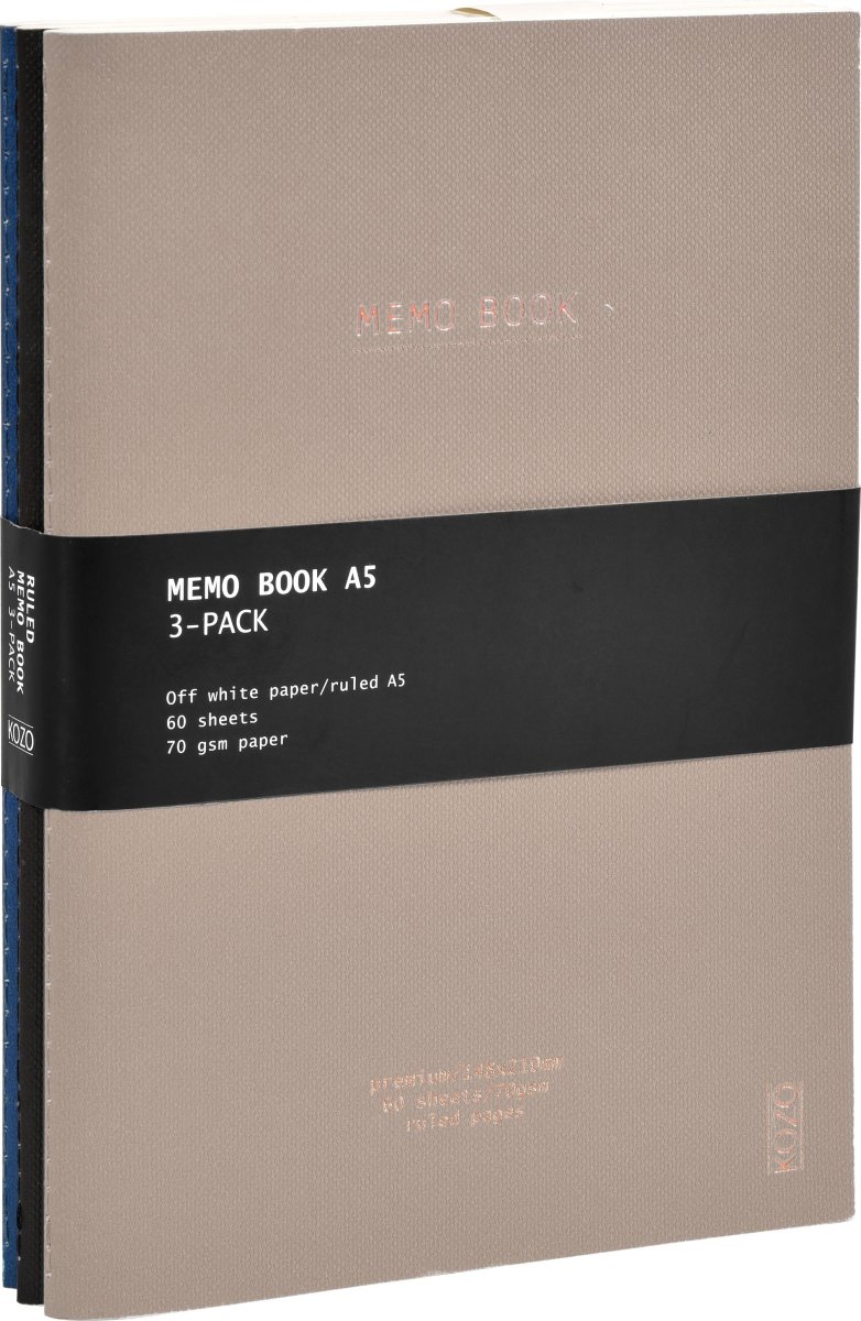 Kozo Premium Skrivblock | A5 | Linjerat | 3-pack