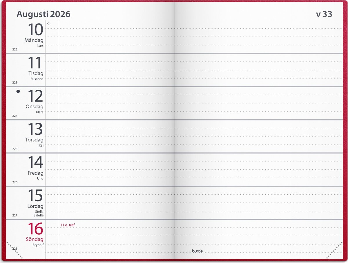 Burde 2026 Kalender, Fickagenda, Konstläder, Röd