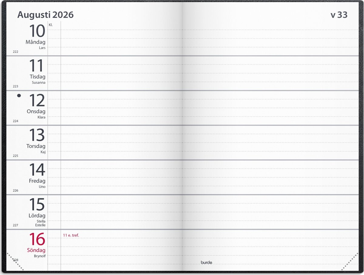 Burde 2026 Kalender, Fickagenda, Konstläder, Svart