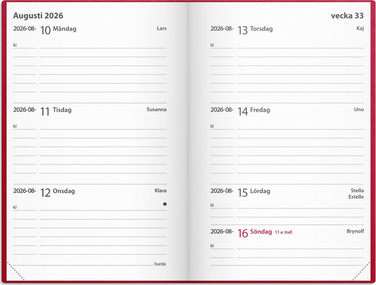 Burde 2026 Kalender Leader, Konstläder, Röd