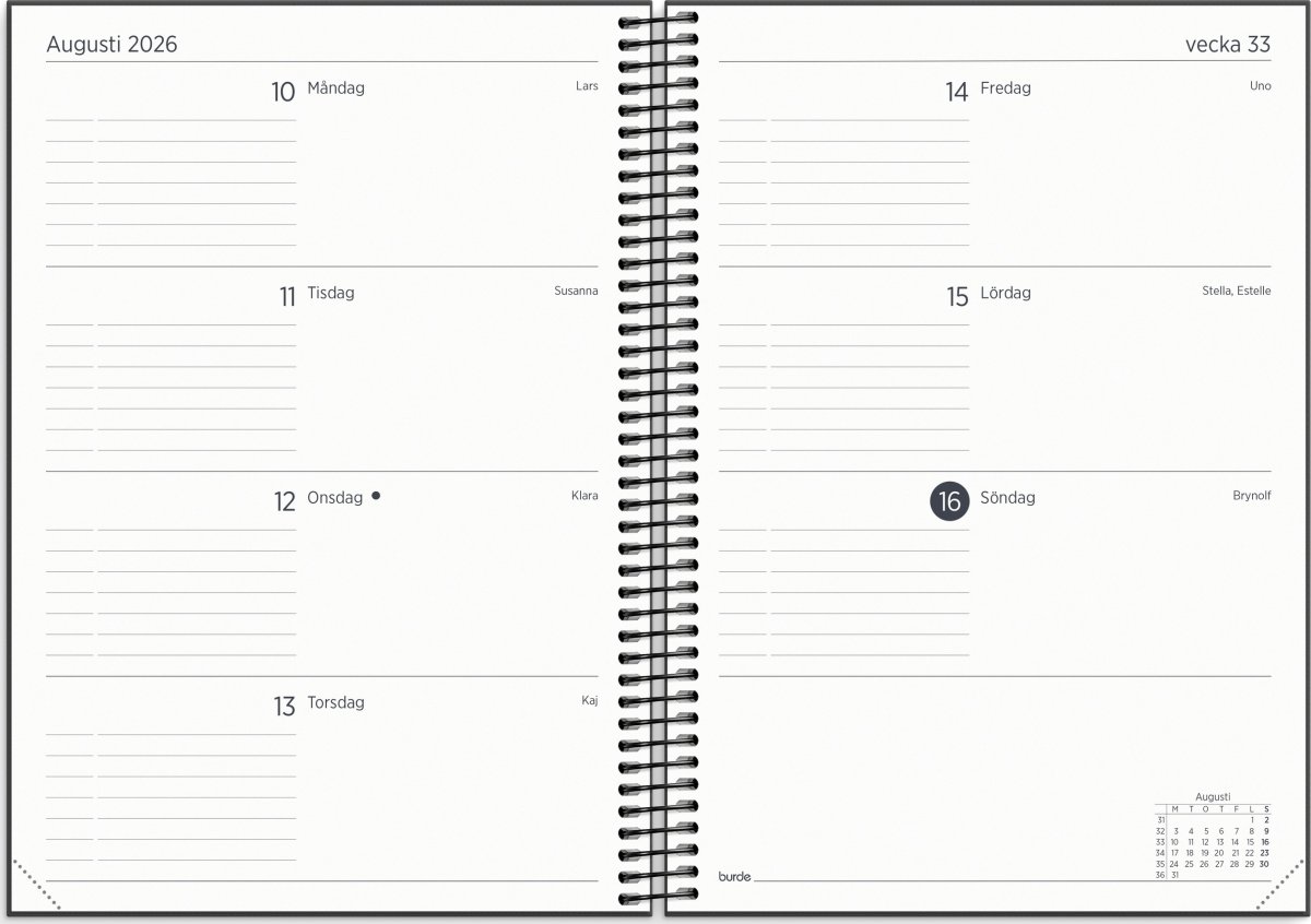 Burde 2026 Kalender Organizer &amp; Notes, Svart