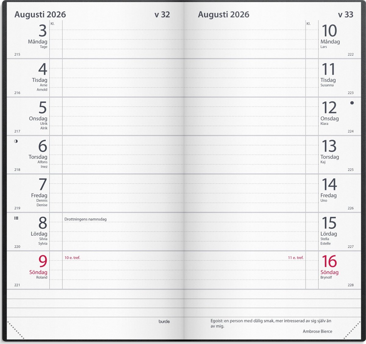 Burde 2026 Kalender Plano, Plast, Svart