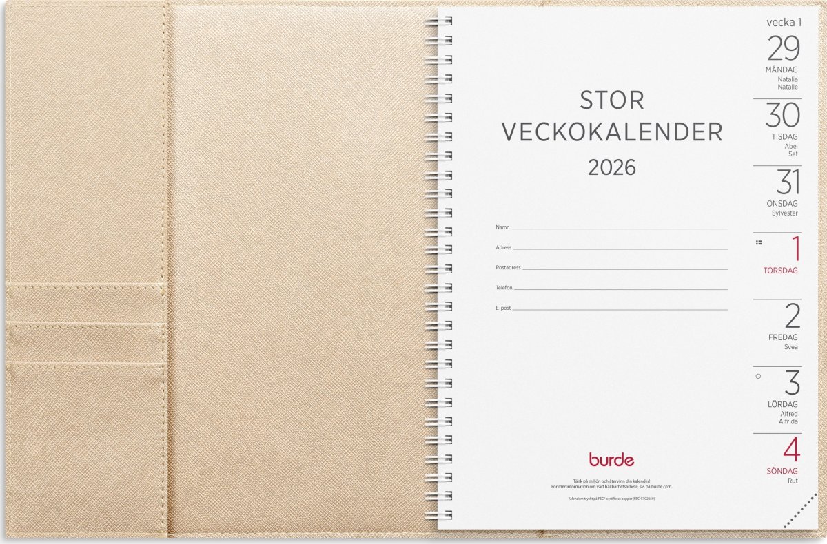 Burde 2026 Stora Veckokal., Konstläder, Tora Beige