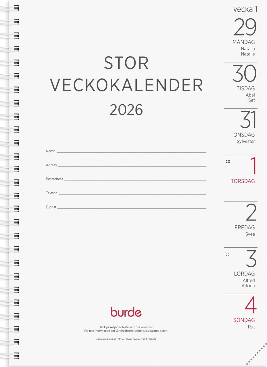 Burde 2026 Stor Veckokalender, Refill