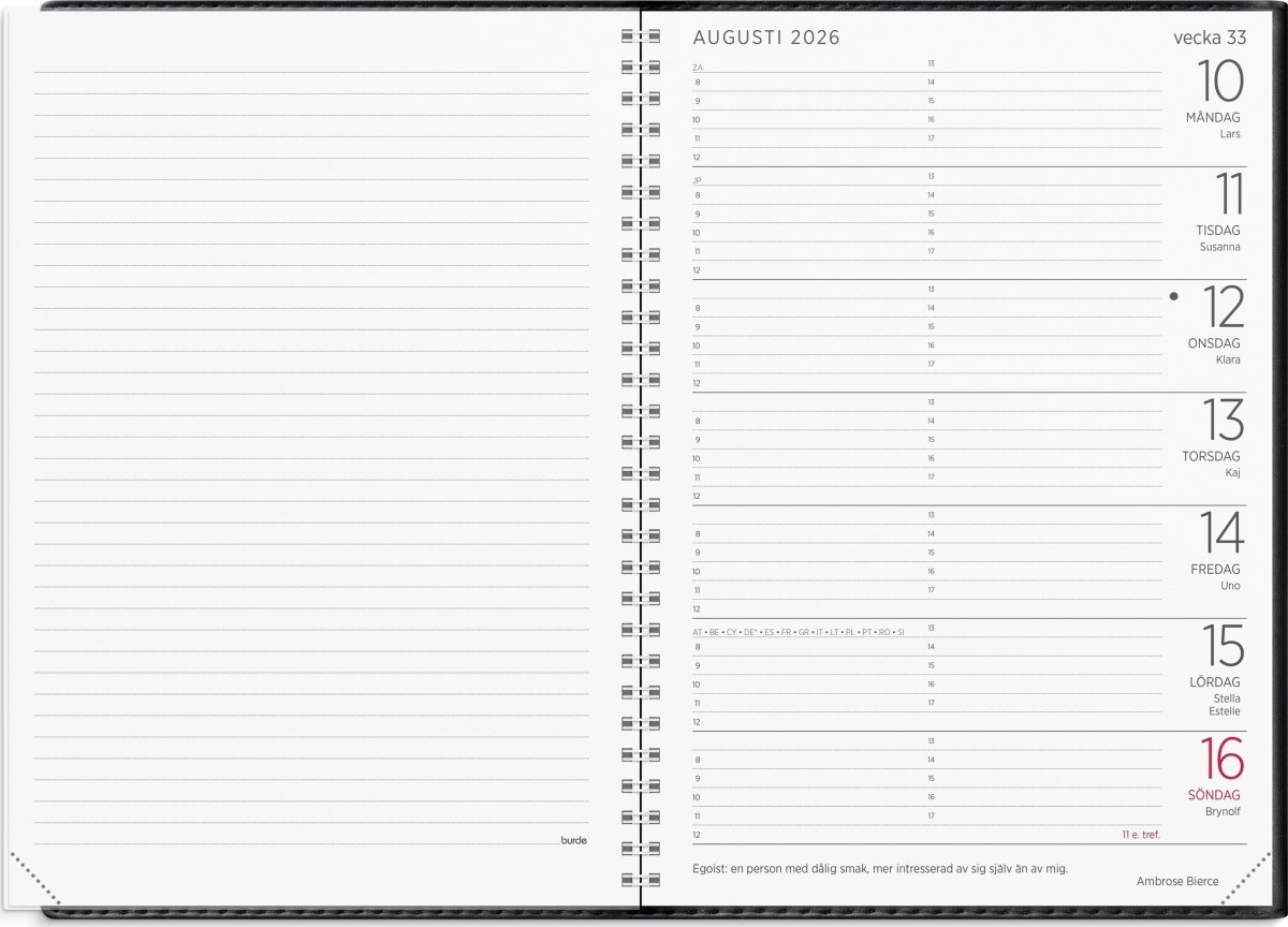 Burde 2026 Stor Veckokalender, Konstläder, Svart