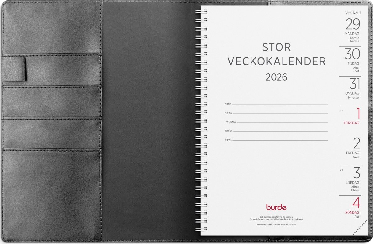 Burde 2026 Stor Veckokal. m/slejf, Konstläde/Svart