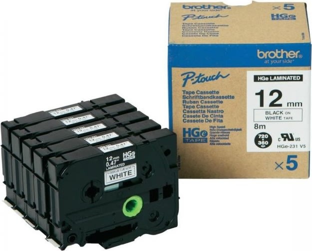 Brother HGe231V5 etikettape, 12 mm, svart på vit