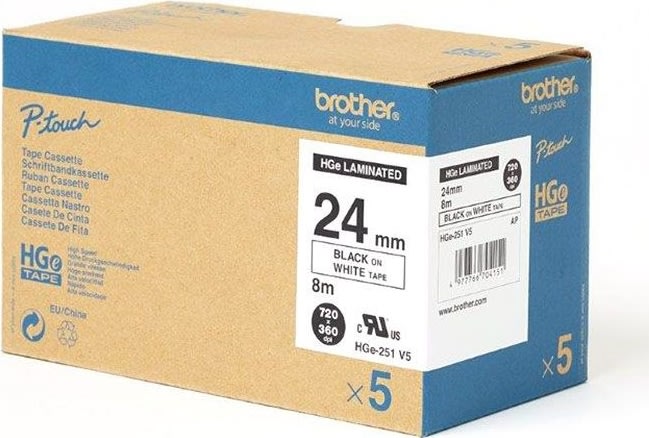 Brother HGe251V5 etikettape, 24 mm, svart på vit
