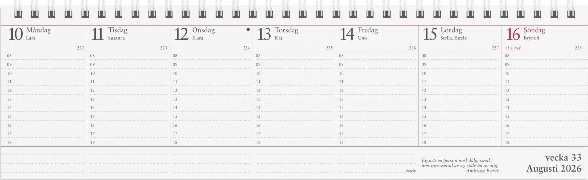Burde 2026 Kalender, Veckoalmanackan