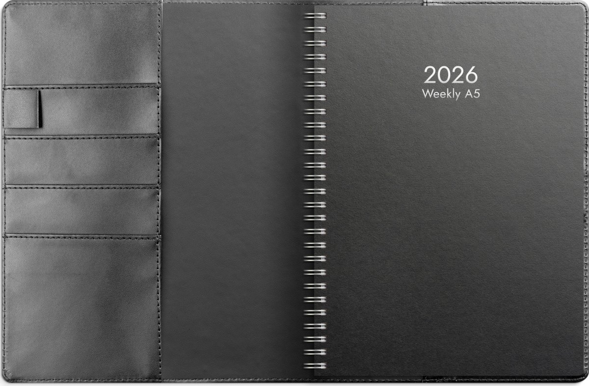 Burde 2026 Weekly A5 m/slejf, Konstläder, Svart
