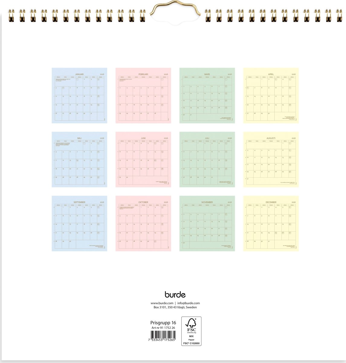 Burde 2026 Väggkalender, Color