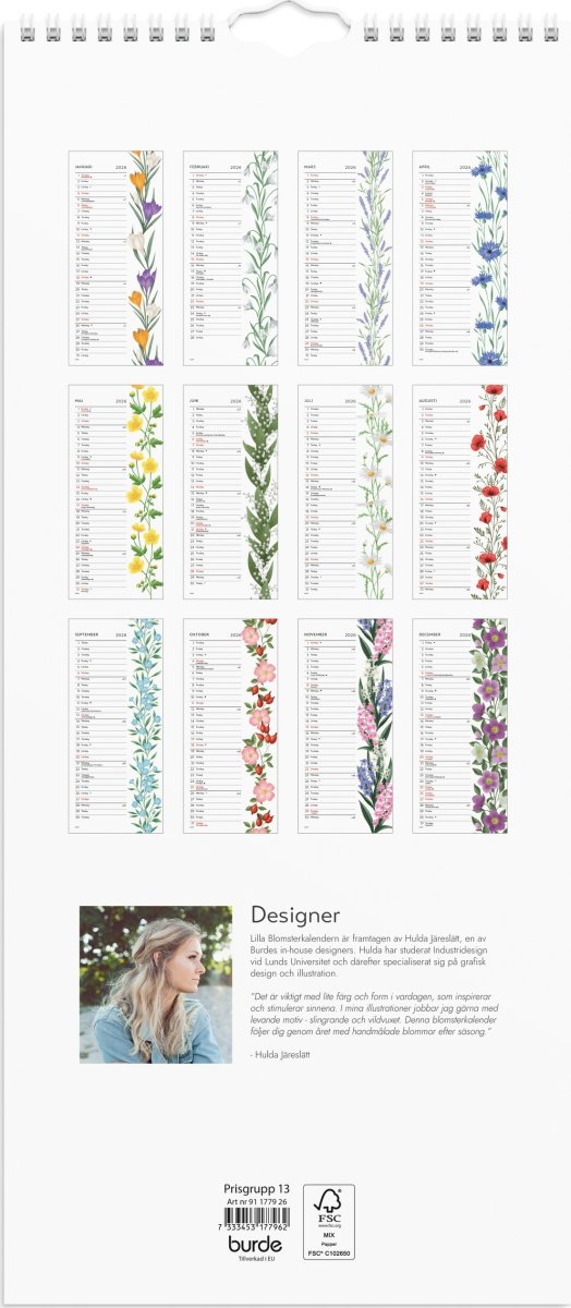 Burde 2026 Väggkalender, Lilla Blomsterkalendern