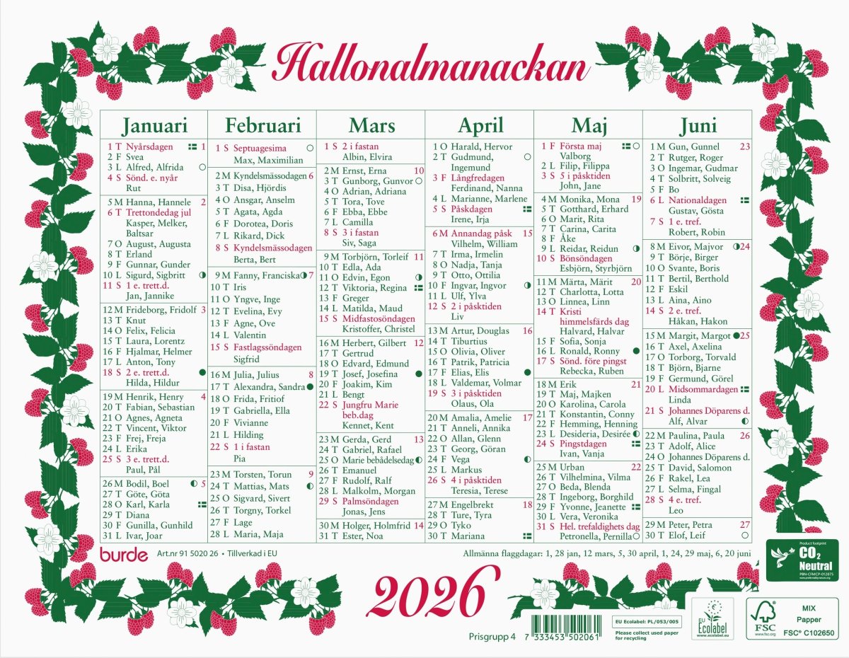 Burde 2026 Väggkalender, Lilla Hallonalmanackan