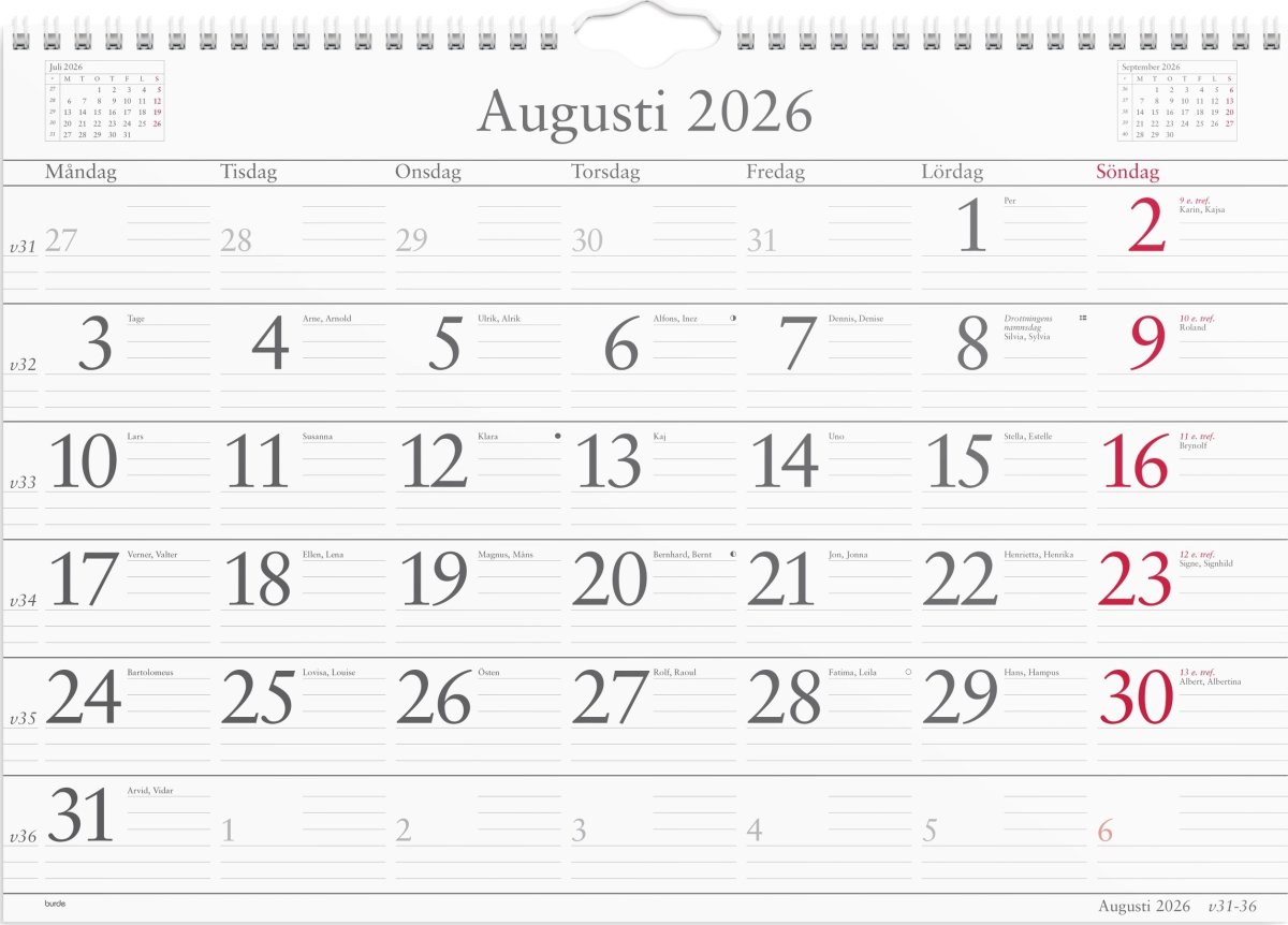 Burde 2026 Väggkalender, Månadskalendern