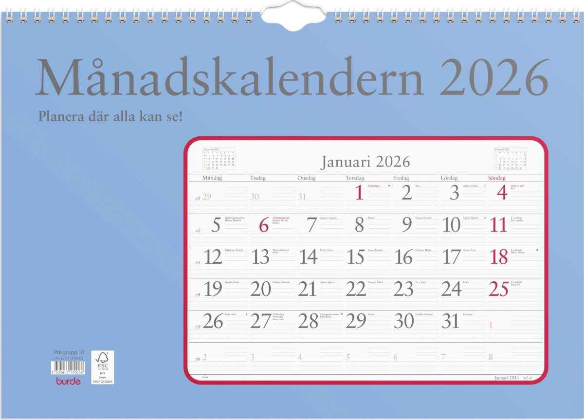 Burde 2026 Väggkalender, Månadskalendern