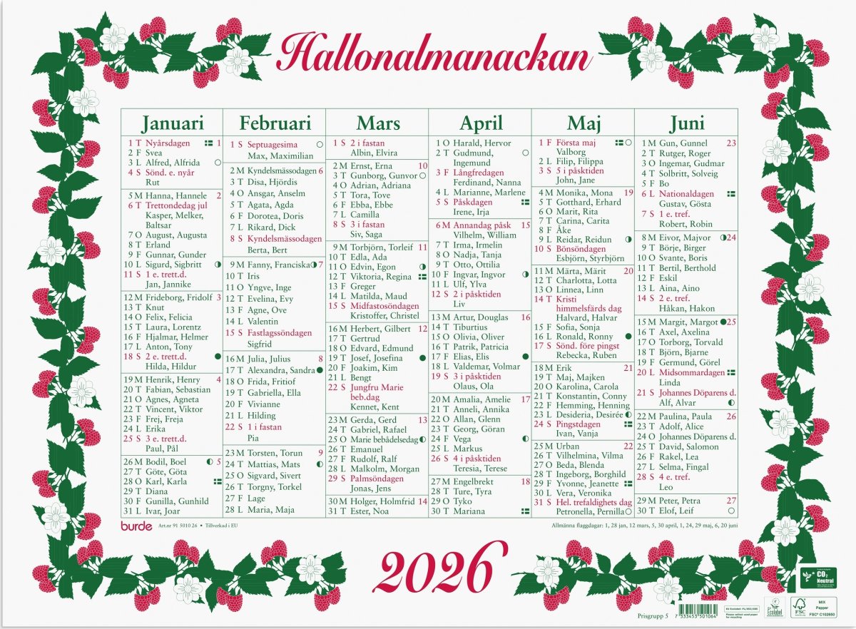 Burde 2026 Väggkalender, Stora Hallonalmanackan