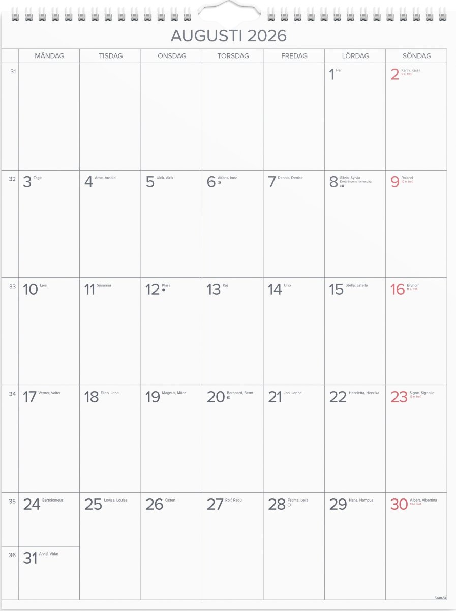 Burde 2026 Väggkalender, Stora Månadskalendern