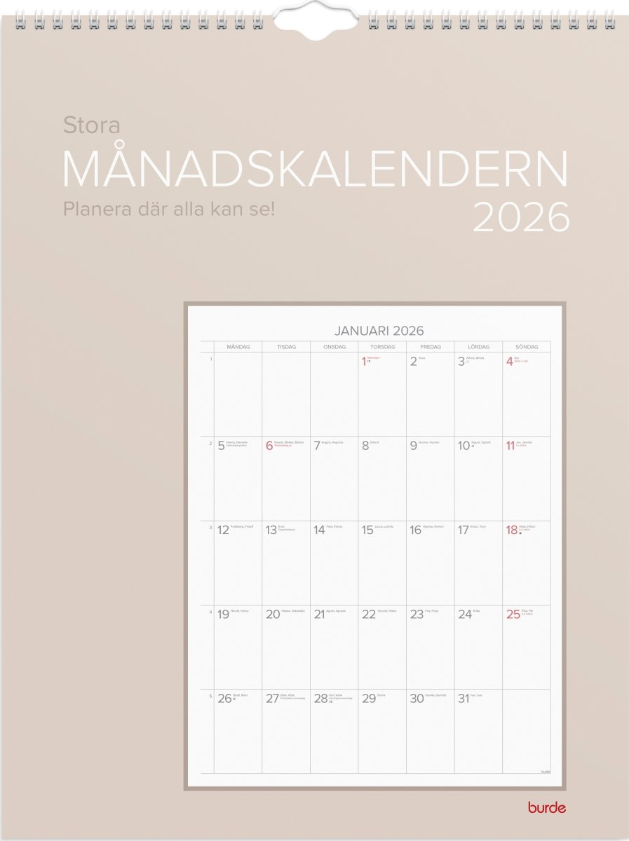 Burde 2026 Väggkalender, Stora Månadskalendern