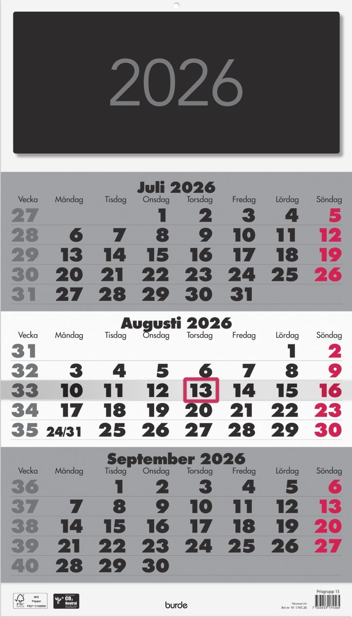 Burde 2026 Väggkalender Triplaner Elegant