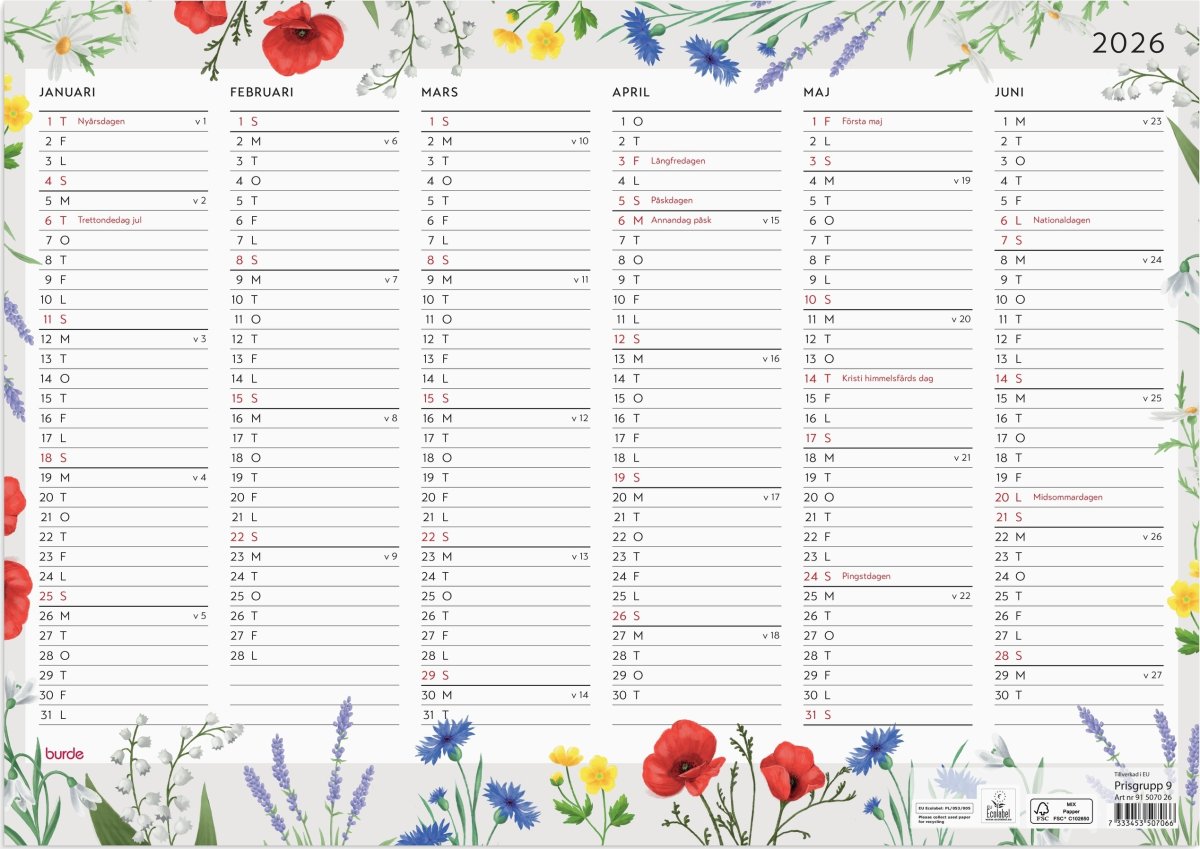 Burde 2026 Väggblad Blomster