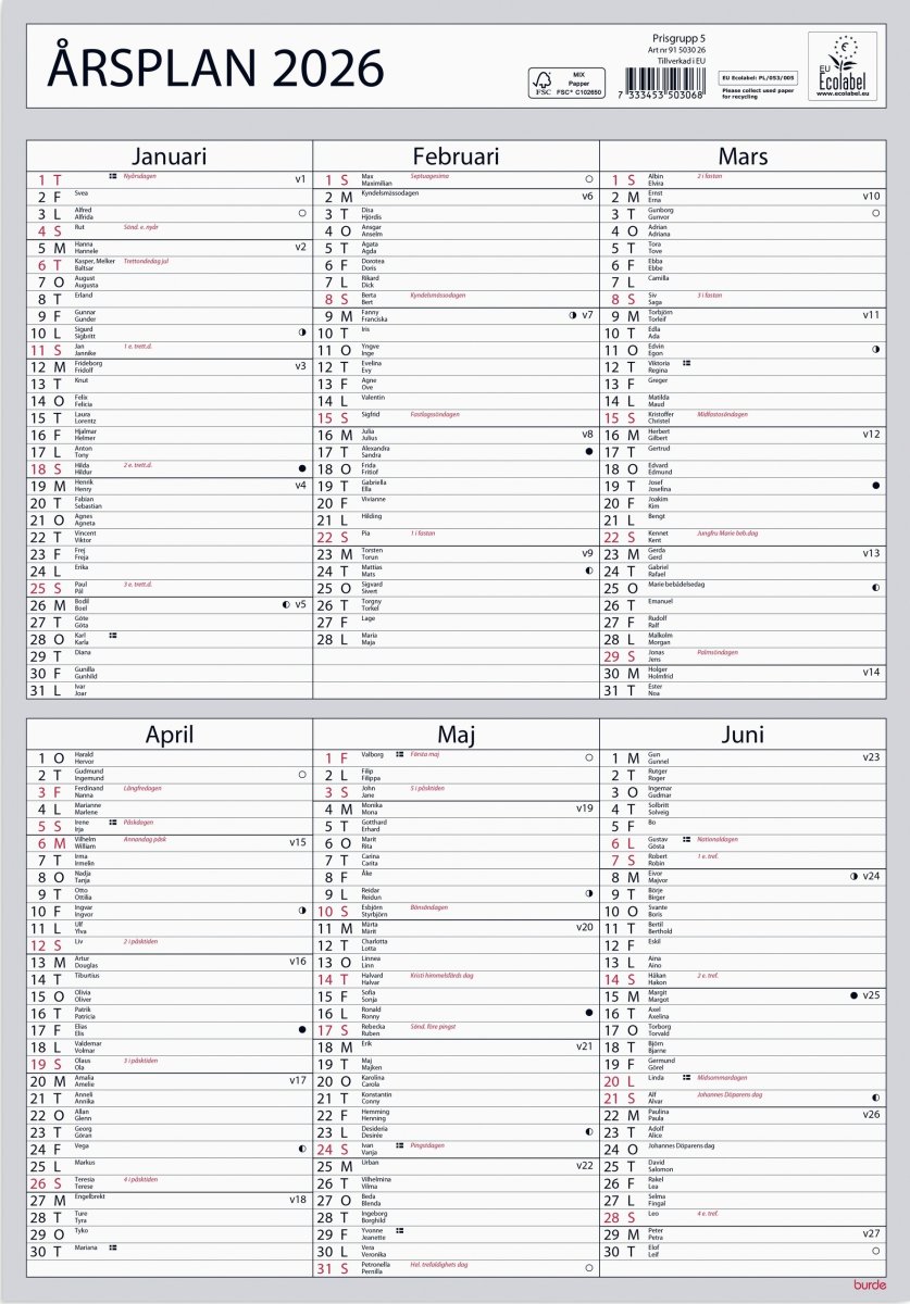 Burde 2026 Väggkalender, Årsplan