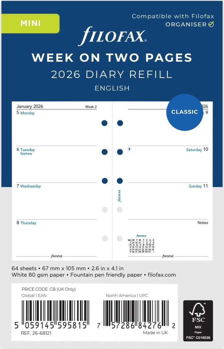 Filofax 2026 Refill | Mini | Vecka | Engelsk