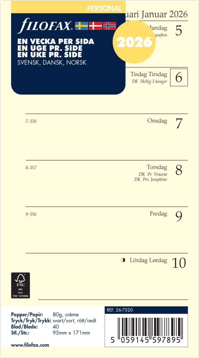 Filofax 2026 Refill | Personal | Vecka